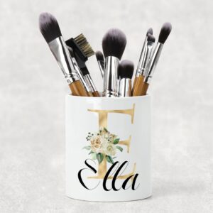Personalised Ceramic Make Up Brush pot Holder Gold floral initial