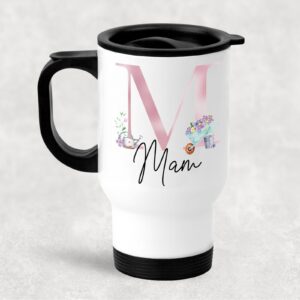 Insulated white travel mug gardening pink initial