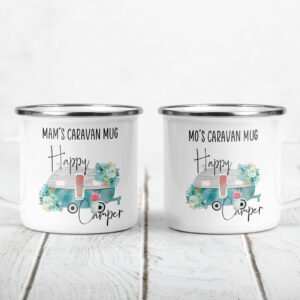 Personalised caravan enamel mug Happy camper