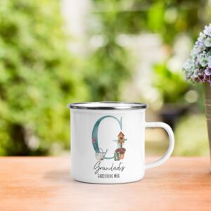 White enamel gardening mug green initial
