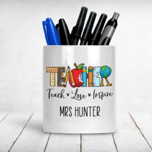 Personalised Ceramic pen pot stationery holder Teach love inspire teacher gift