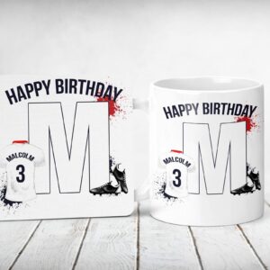 Football theme Shirt and Initial White Personalised Mug and coaster gift set