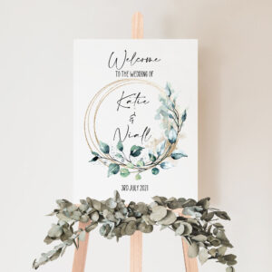 Personalised Wedding Welcome A3 Sign green eucalyptus leaves gold floral frame