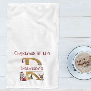 Gold Split Santa initial kitchen Christmas Tea towel