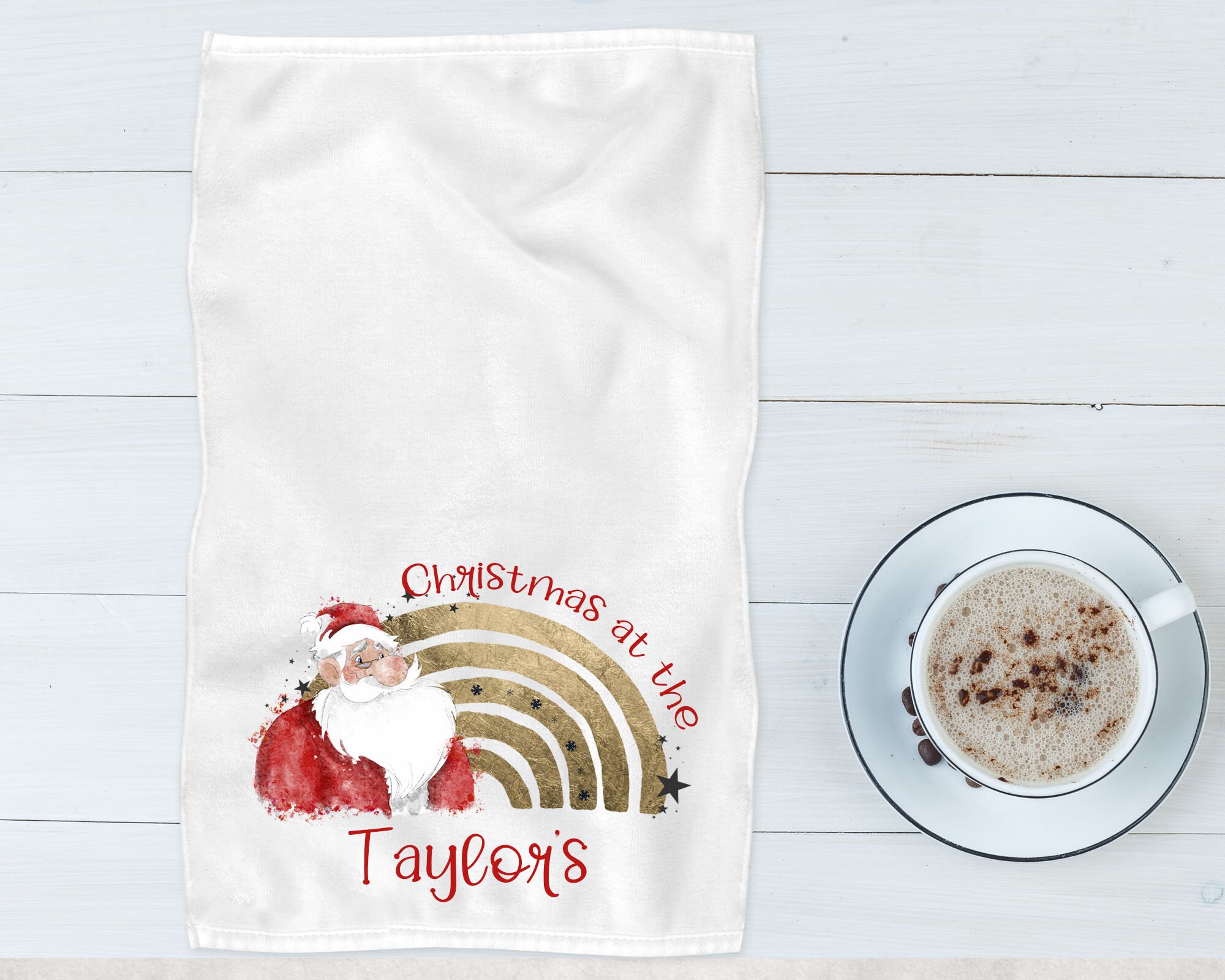 Father Christmas Santa gold rainbow kitchen tea towel