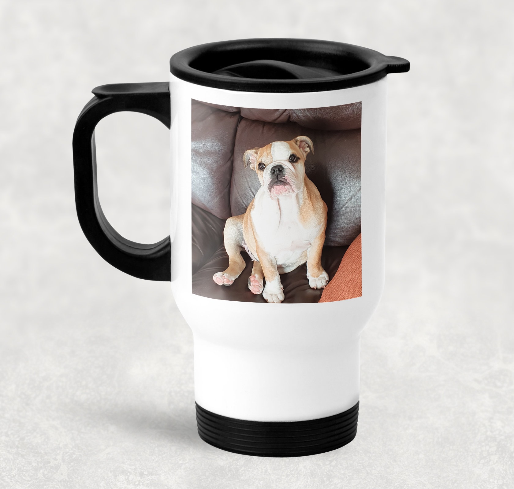 Insulated white travel mug Personalised with your own photo