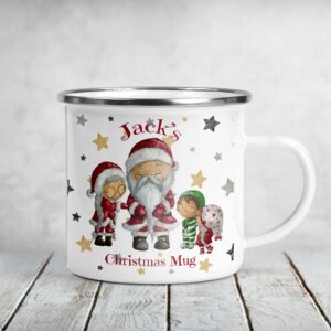 White enamel Christmas mug Santa Mrs Claus boy & girl elf