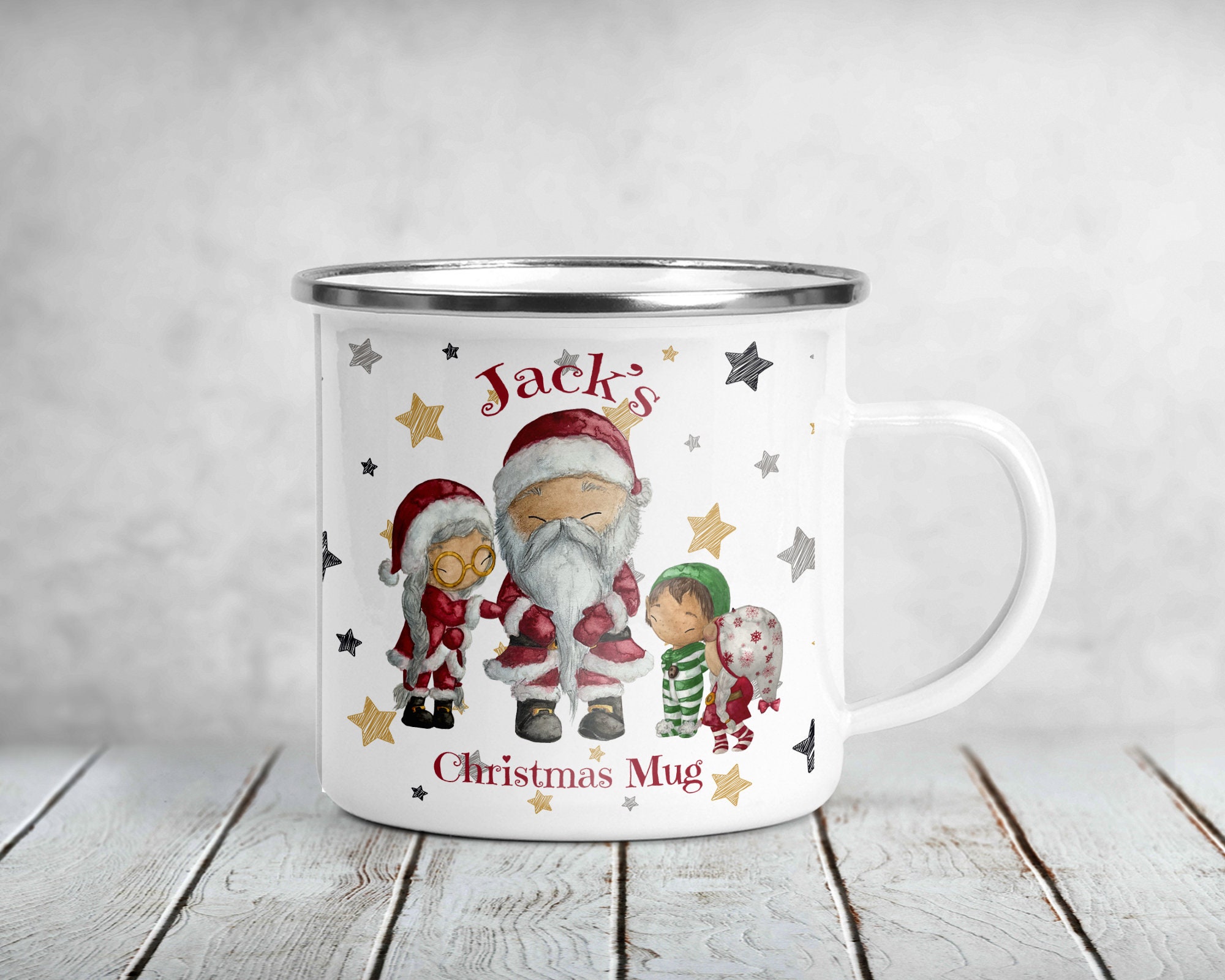 White enamel Christmas mug Santa Mrs Claus boy & girl elf