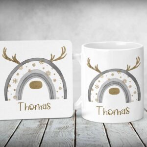 Christmas ceramic mug and coaster gift set silver & gold reindeer antler rainbow
