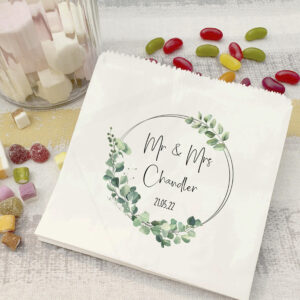 Personalised wedding sweet bags silver watercolour eucalyptus
