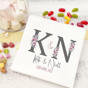 Wedding sweet bags Grey Initial with pink florals