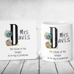 White Teacher mug coaster gift set Globe initial