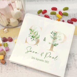 Wedding sweet bags Gold Initial eucalyptus watercolour leaves