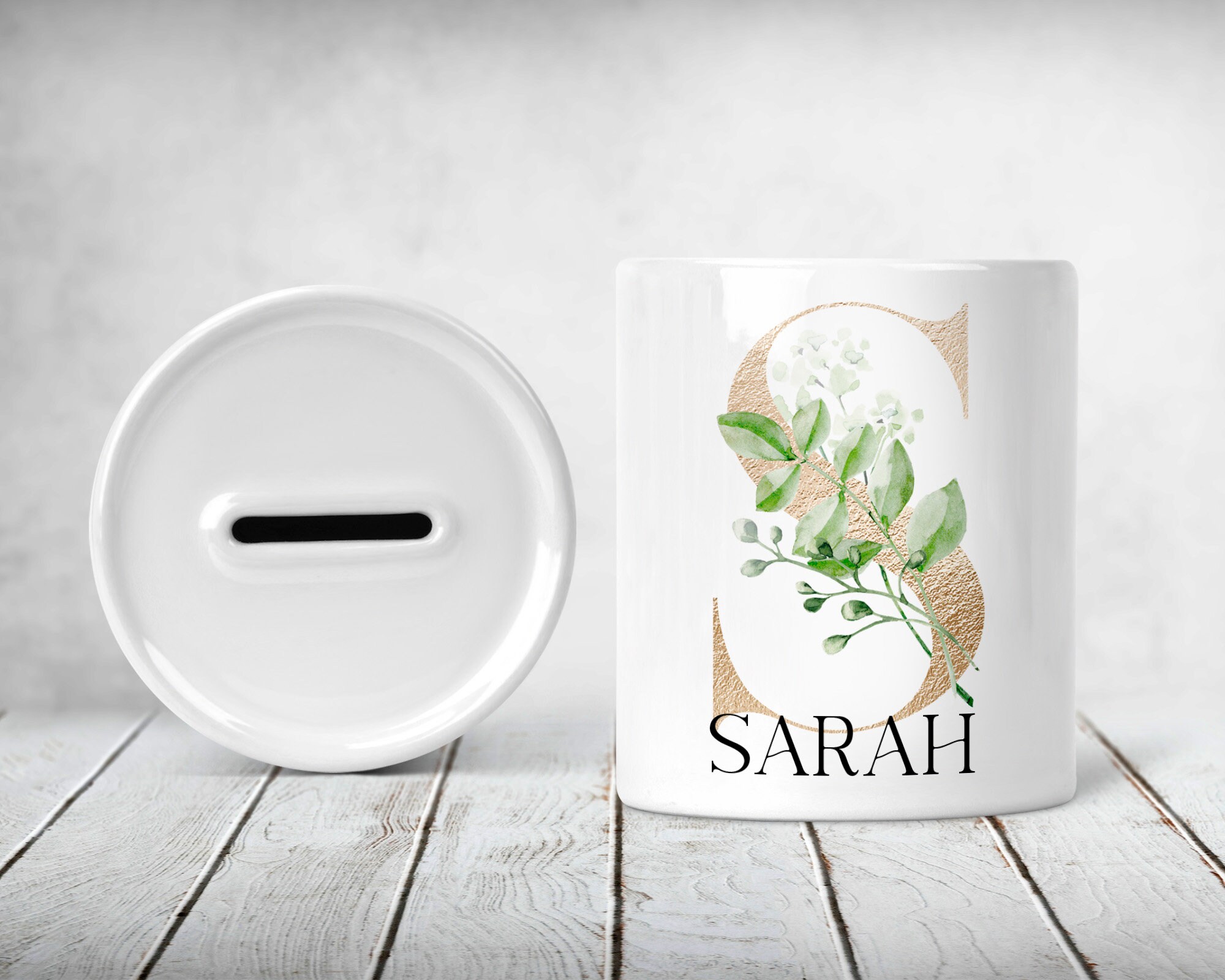 Ceramic Gold initial greenery leaves money pot