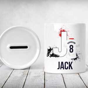 Personalised Ceramic money pot football tshirt initial and name