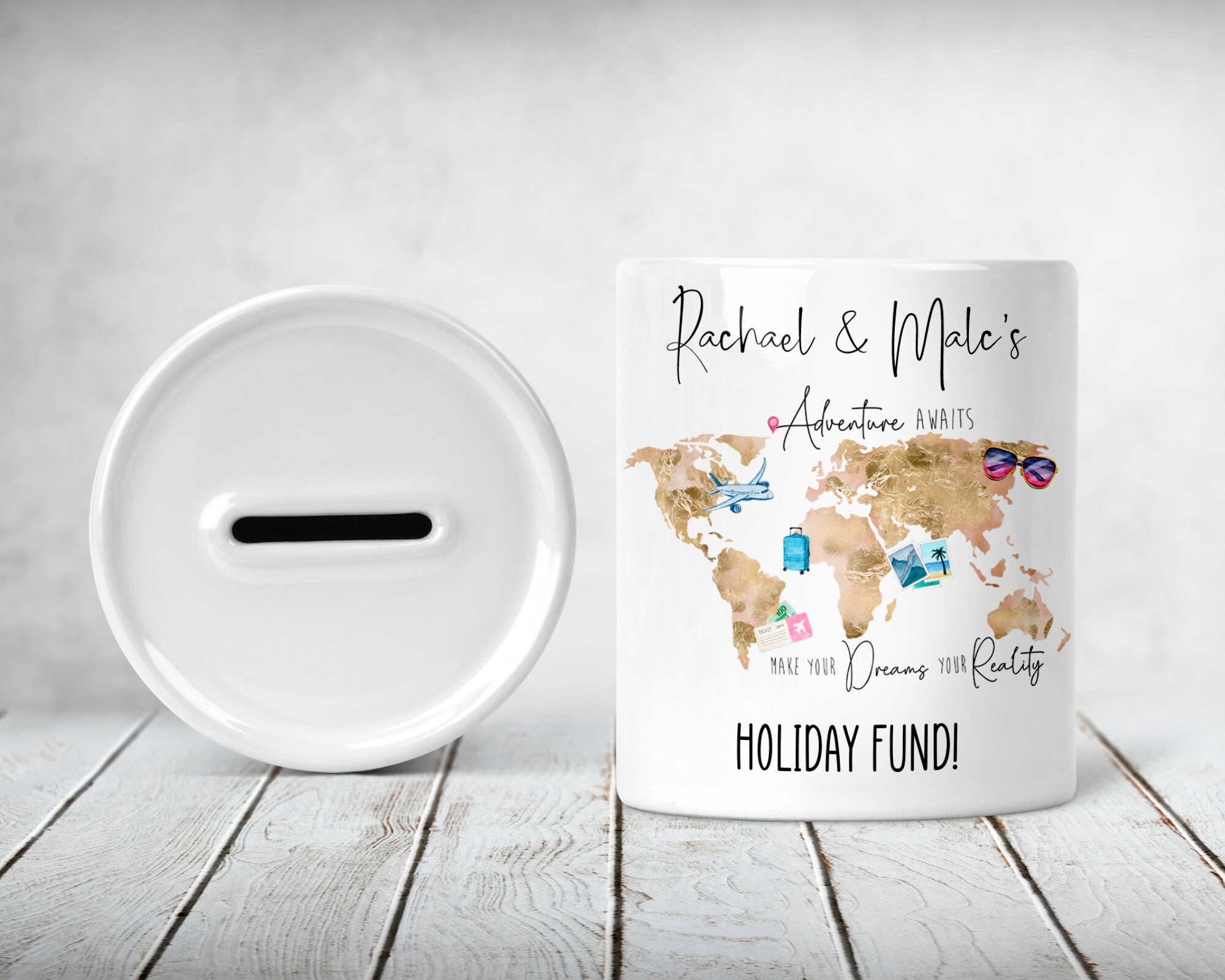 Ceramic money pot world map holiday fund travel