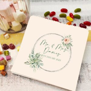 Personalised Wedding sweet bags white rose with greenery and silver frame