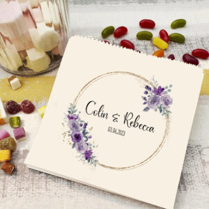 Personalised Wedding sweet bags gold frame with purple flowers