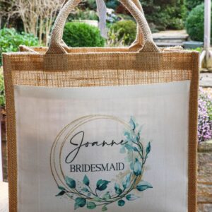 Bridesmaid Jute Bag with Front Pocket Gifts Bag green Eucalyptus with gold frame