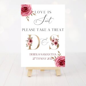 Personalised Sweet table sign Love Is Sweet Gold initial pink roses