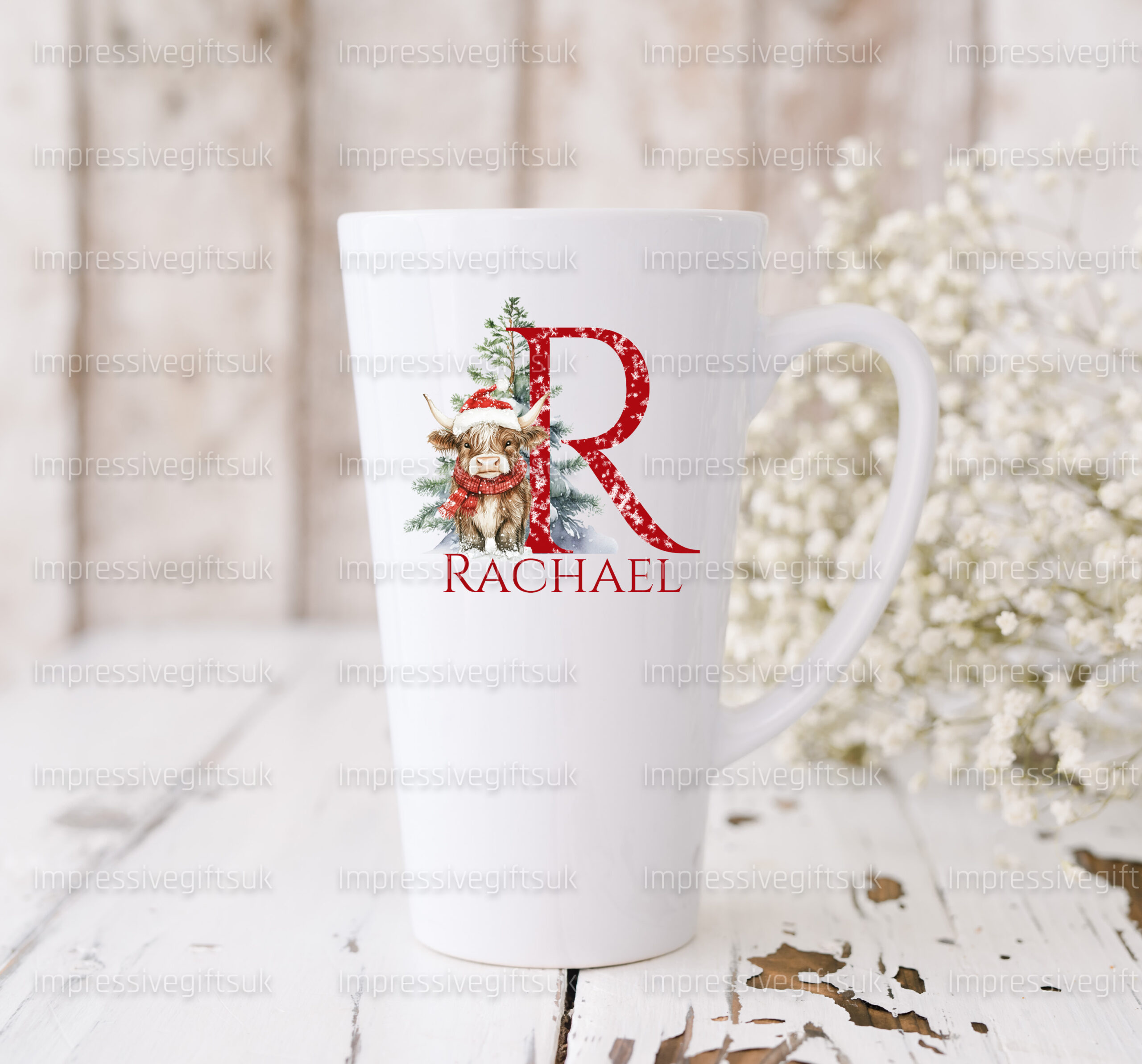 Festive Christmas highland cow initial latte mug